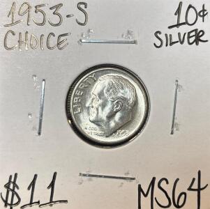 1953-S MS64 CHOICE SILVER ROOSEVELT DIME