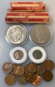 2) 1972 Eisenhower Dollar Coins, (97)One Cent Wheat Pennies 1909-1958, An (2) 1909-1943 Steel Lincoln Wheat Pennies