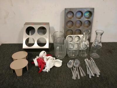 (4) Large 12 Count Muffin Tins, Large Variety Of Metal Spoons And Butter Knives, (12) Glass Carafes, Syrup Lids, And More!