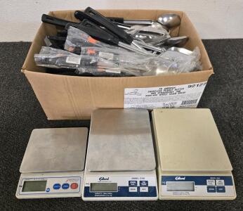 (3) Electric Scales & Box of Serving Spoons