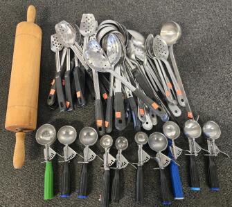 Large Wooden Rolling Pin, Various Serving Spoons & Scoops