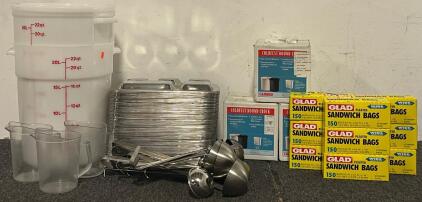 Industrial Kitchenware Including (64) Stainless Steel Serving Trays, (2) 22 Gallon Food Storage Buckets, Round Crocks, Sandwich Baggies, Ladels & More