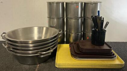 Industrial Kitchenware Including (9) Stainless Steel Storage Containers, (5) Hot Pots, Trays, Utensils Etc.