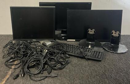 (3) Computer Monitors, Cords, Keyboard, Etc.