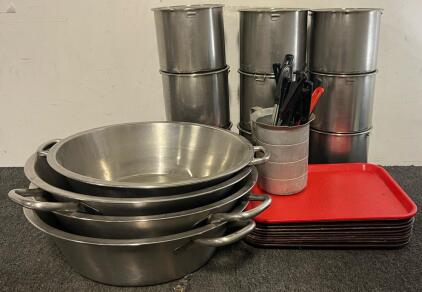 Industrial Kitchenware Including (9) Stainless Steel Storage Buckets, (4) Hot Pots, Utensils, Trays Etc.
