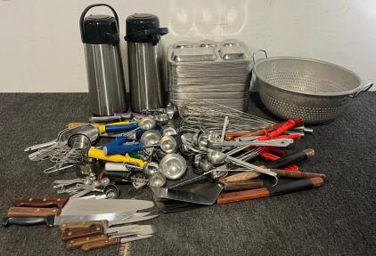Industrial Kitchenware Including (64) Stainless Steel Serving Trays, Stainless Steel Strainer, (2) Stainless Steel Airpots, Utensils, Etc.
