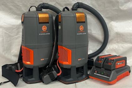 (2) Hoover Commercial HUSHTONE 6Q Cordless Backpack Vacuums, CH93406 W/ (2) Batteries & Battery Charger