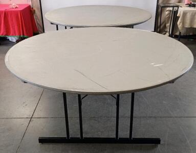 (2) 6ft. Round Plastic Folding Banquet Table With Metal Legs. 29" Tall