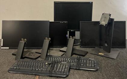 (4) Computer Monitors, (4) Monitor Stands & (2) Keyboards
