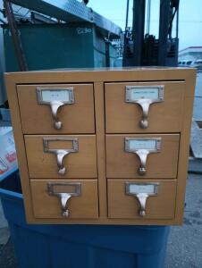 6 Drawer Mid-Century Modern Maple Library Card Catalog Cabinet Height=13" Width=13 3/4" Length=17"
