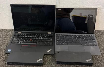 (1) Lenovo ThinkPad L390Laptop, (1) ASUS Laptop, And (2) Lenovo ThinkPad Hybrid USB-C with USB-A Dock
