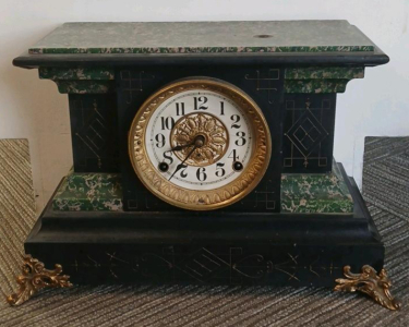 Antique Marble Mantel Clock, Black with Green and Gold Details, Ornate Face