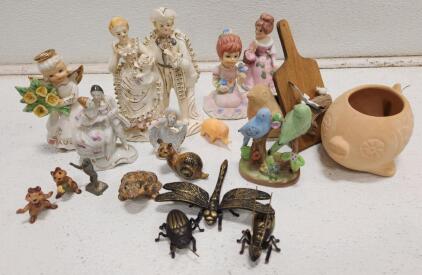 (3) Vintage Japanese Brass Bug Figurines (3) Vintage Japanese Porcelain Figurines (2) Animal Clay Pottery And Assorted Figurines