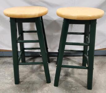 (2) 24"H Green Wood Bar Stools with Round Natural Wood Seats