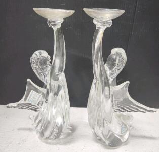 (2) Antique Riekes Crisa Italy Handcrafted Crystal Angel Candle Holder