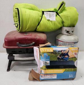 (1) Uniflame Portable Gas Grill (1) Intex 10-inch Dura-Beam Standard Airbed Mattress (1) Blue Rhino Propane Exchange Tank (1) Neon Green Roll Up Sleeping Bag