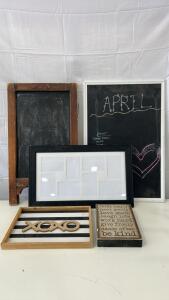 (1) 20&rdquo;x30&rdquo; Chalk Board (1) 17&rdquo;x30&rdquo;x21&rdquo; Chalk Board Stand (1) 15&rdquo;x25&rdquo; 8-Picture Picture Frame & More