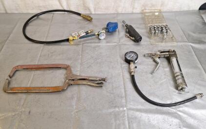 (1) Pair Of 18" C-Clamp Vice Grips, (1) Compression Tester, (1) Small Grease Gun & More