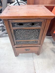 Wooden Cabinet with Carved Decorative Door, 1 Drawer, 2 Shelves 30 in x 16 in x 14 in