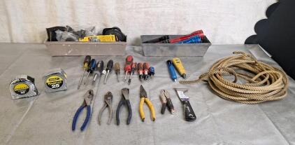 (2) Stanley Tape Measures, (1) 30' , (1) 25' & Assorted Hand Tools