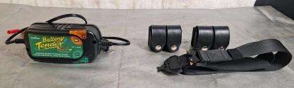 (1) Battery Tender Plus Charger/ Maintainer, (1) Tactical Belt & (2) Ammo Pouches