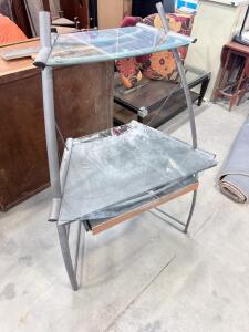 Corner Glass Desk, Metal Frame, 2 Shelves, Silver