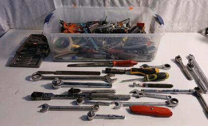 Tote Of Assorted Ratchets And Wrenches