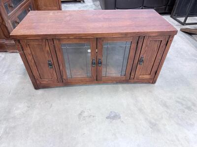 Medium Brown Wood Media Console with Glass Doors, Approx. 60"x24"x18"