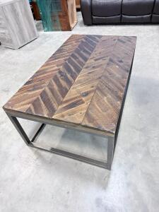 Rustic Industrial Coffee Table, Wood Herringbone Top, Metal Frame