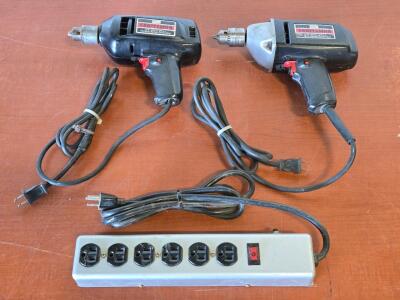 (2) Vintage Sears Craftsman Electric ⅜" Drills & Heavy Duty Power Strip