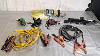 (2) Pairs Of Jumper Cables, (3) Ratchet Straps & (1) Large Cargo Ratchet Strap & (1) Scissors Jack