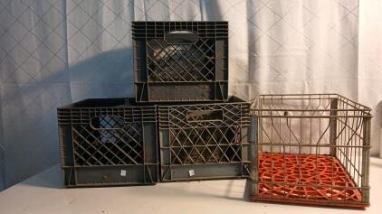 (3) Plastic Milk Crates -13"x13"x11" (1) Metal Milk Crate -12"x19"x11"