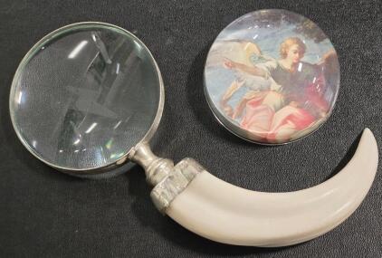 Vintage Hand-Signed Durwin Rice Glass Paper Weight & Vintage Faux Tusk Magnifying Glass