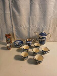 (1) 14pc Vintage Blue Willow Child China Set (1) 4pc Vintage Floral Japanese Sake Decanter And Glasses