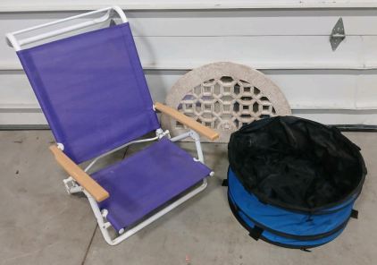 (1) Foldable Ice Chest (1) Purple Beach Chair & (1) Mirror Wall Decor