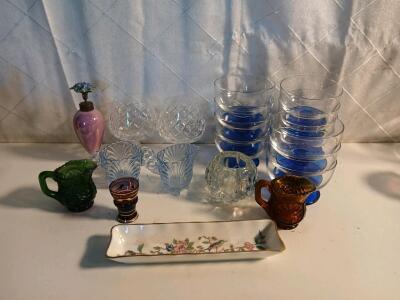 (1) Vintage Glass Perfume Bottle (2) Vintage Crystal Cut Brandy Glasses (1) Set Cambridge Caprice Moonlight Blue Creamer And Sugar Bowl & More