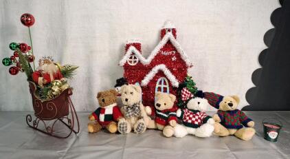 (1) Santa W/ Metal Sleigh & (5) Decorative Bears