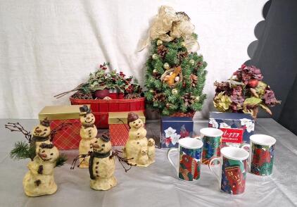 (1) 5-Piece Decorative Snowman Set, (1) 4-Piece Ceramic Christmas Mug Set & Assorted Christmas Decor