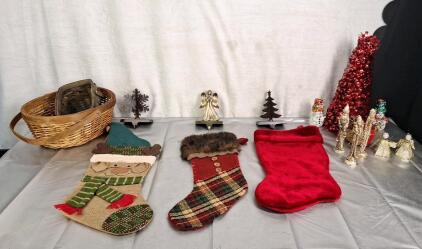 (3) Christmas Stocking Hangers, (3) Christmas Stockings & Assorted Christmas Decor