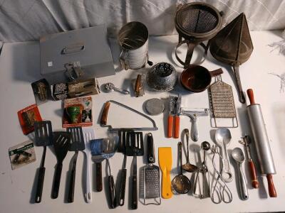 (1) Vintage Flour Sifter (1) 8x12 Cash Box & (25) Assorted Kitchen Utinsels