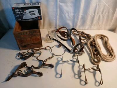 (1) Pairs Of Vintage Cowboy Spurs (4) Horse Bits (1) Vintage Nitro Express Ammunition Wooden Crate & More