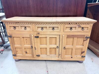 Rustic Pine Wood Sideboard with 3 Drawers & 3 Doors, Metal Hardware 60 in x 18 in x 36 in