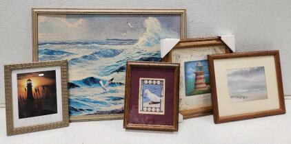 (1) Partial Framed Land's End Vintage 1963 Lithograph (1) Framed Watercolor Seascape Painting (1) Purpose - Lighthouse in Reeds Poster Print (1) Framed Lighthouse Art Print (1) Framed Goose Art Print