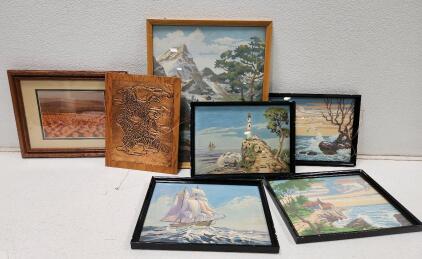 (1) Vintage Mid-Century Modern Copper Relief Wall Art (1) Framed Pumpkin Photo Art (5) Assorted Paint-By-Number Landscape Nature Art