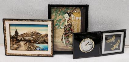 (1) Vintage Traditional Japanese Oshie Art (1) Nakatani Brothers Company Yamanaka-Nuri Crane Folding Screen Clock (1) Vintage 3D Mount Fuji Japanese bark And Moss 3D Wall Decor