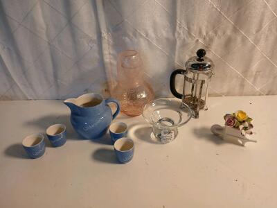 (1) Vintage Pyrex French Press Coffee Maker (1)Vintage China Wheelbarrow W/ Floral Accents & More