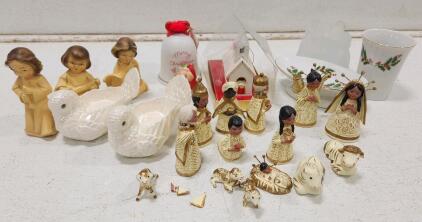 (1) Mexican Folk Art Nativity Set Of 14 (2) Vintage Iridescent Ceramic Dove Candle Holder (3) Vintage Paper Mache Angel Musicians Figurines And More