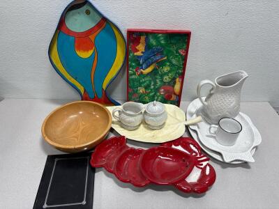 vintage Williams-Sonoma red lobster serving plate / Belleek white fish scale creamer or cream pitcher and more