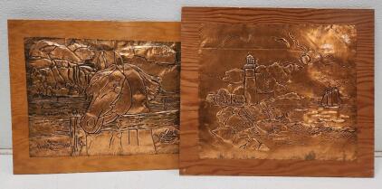 (1) 21 1/2" x 18" Hand-Pressed Copper Embossed Horse Wall Art (1) 23" x 20" Hand-Pressed Copper Embossed Lighthouse Wall Art