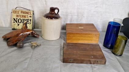 (1) Stoneware Jug, (2) Vintage Wooden Boxes & Assorted Household Decor